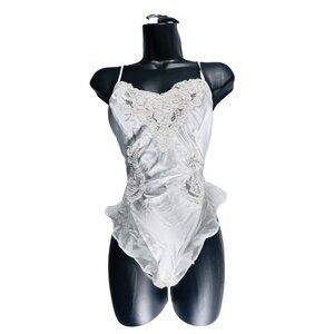 Victorias Secret Silver Lace Satin Teddy Bodysuit Lingerie S